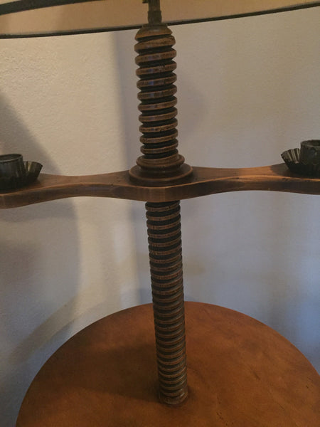 Antique Maple wood Spool Table with lamp and candleholders American Victorian Era