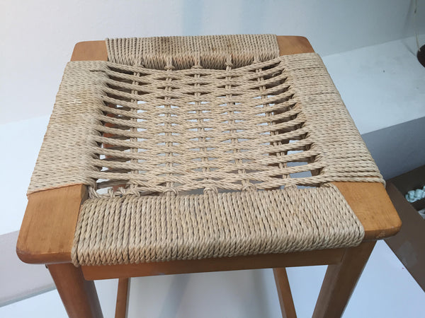 Vintage Danish Modern Maple bar stool with woven rope seat Mid Century Wegner Eames