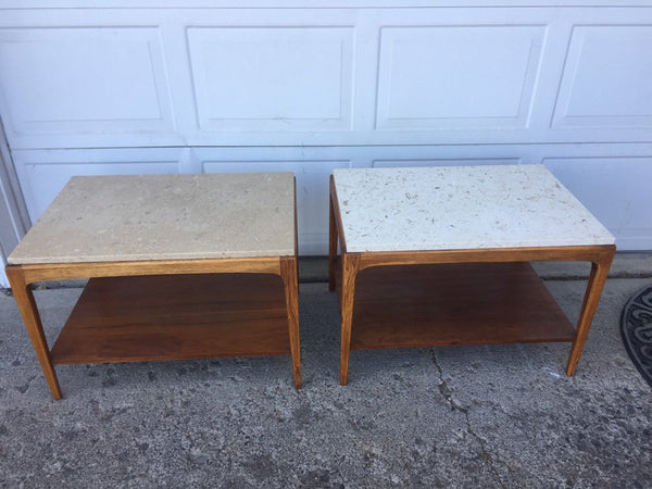 Mid Century Modern Lane Walnut and Travertine/Marble End Table Side Table
