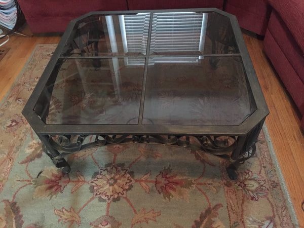 Vintage Bronzed Wrought Iron and Smoked Glass Ornate Cocktail Table