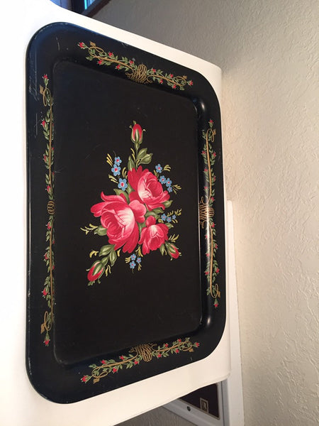 Vintage Metal Tole Painted Dinner Tray - roses