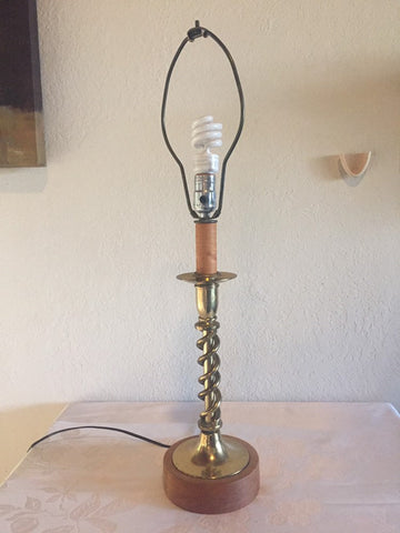 Vintage Brass twisted Candlestick Table lamp with wood base