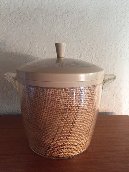 Mid Century Modern 1970's Beige Raffiaware Ice Bucket with plastic handles and lid