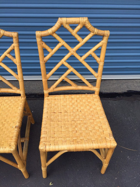 Vintage Pair of Chinese Chippendale Style Rattan Chairs with loose seat cushions