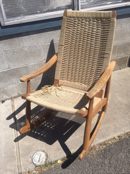 Vintage Danish Modern Teak chair with woven rope seat Mid Century Wegner Eames - Needs work