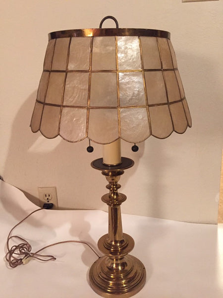 Beautiful Vintage Brass Table Lamp with Capiz Shell Shade and earring pull switches