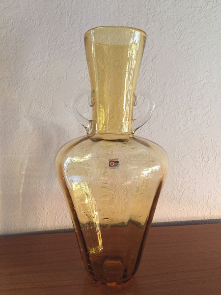 Vintage Blenko Tall Amber Optic Art Glass Vase with clear handles