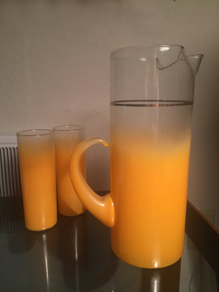 Vintage Blendo Drink Pitcher, Orange Fade Frosted Drink Pitcher and 2 Glasses, 1960s Blendo Pitcher, Mid Century Barware, Orange Blendo