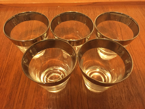 Set of 5 MCM Silver Rim Double Shot Glass Cut Crystal Sides Mid Century Modern, Dorothy Thorpe, Thick Bottoms