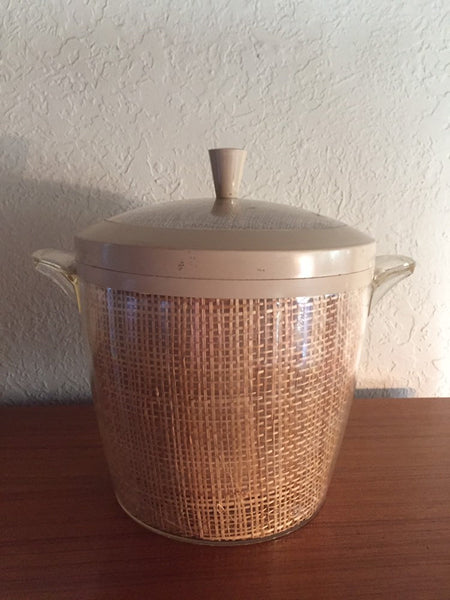 Mid Century Modern 1970's Beige Raffiaware Ice Bucket with plastic handles and lid