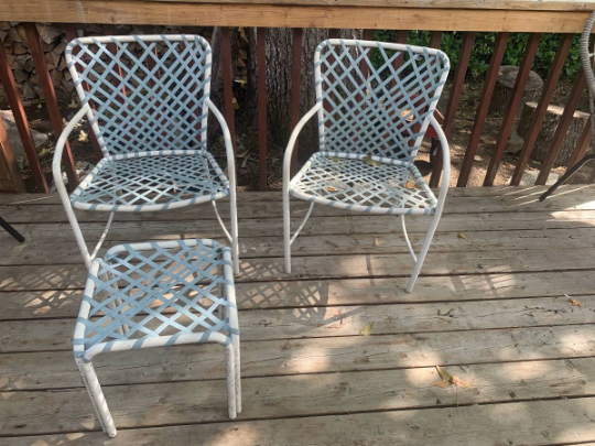 Set of 2 Vintage Brown Jordan Sculptural Tamiami Patio chairs with Lt Blue Vinyl Straps Patio Furniture