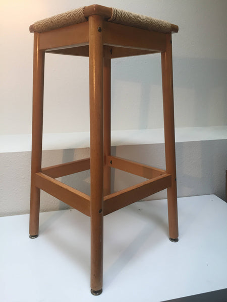 Vintage Danish Modern Maple bar stool with woven rope seat Mid Century Wegner Eames