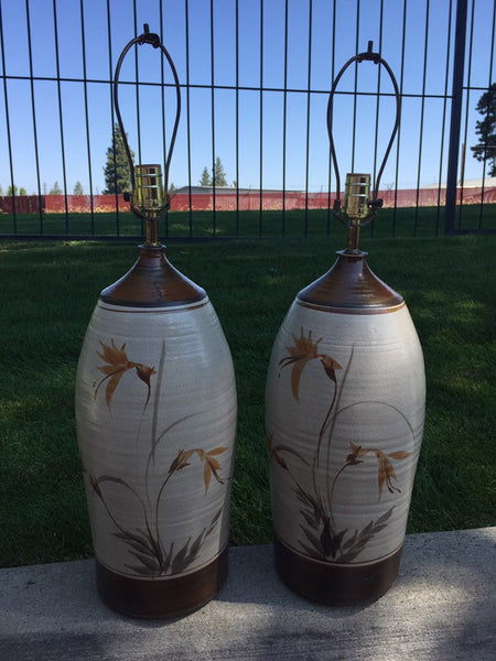 Pair of 1960s Tall Hand-Thrown Studio Pottery Table Lamps , floral motif