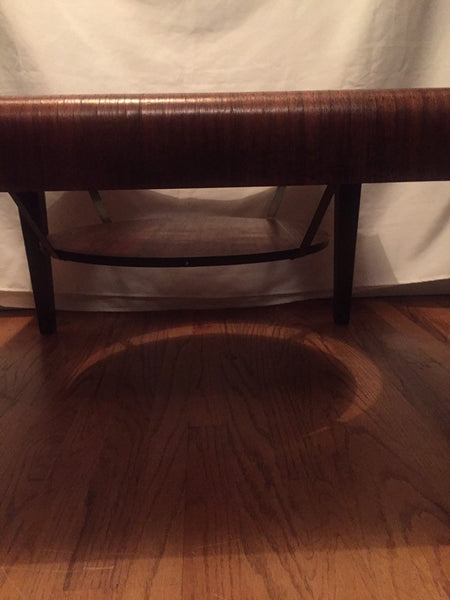 Mid Century Modern Waterfall Edge Walnut Veneer Coffee Table with Glass Center and lower magazine shelf