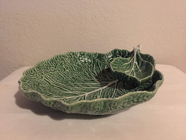 Vintage Large Ceramic Cabbage Serving Dish with small attached sauce dish- Pottery - made in Portugal