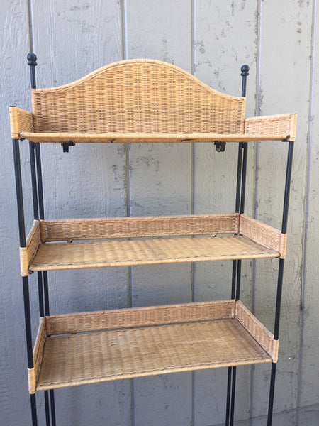 Vintage Iron and Rattan Folding Shelf Unit, Bathroom Storage, Metal Plant Stand, Tiered Standing Shelf, Store Display