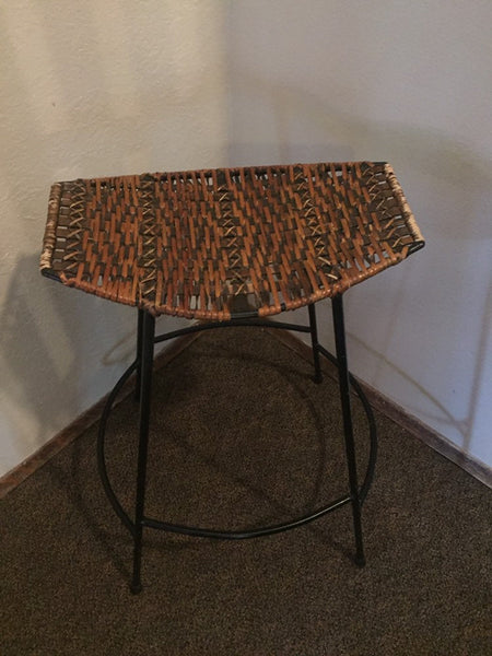 Vintage Mid Century Arthur Umanoff Wrought Iron and Woven Reed Barstool