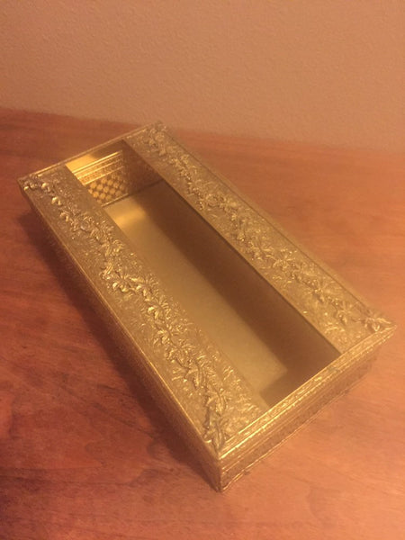 Vintage Gold Tissue Box Holder, vanity accessories, tissue holder Gold Brass Filigree Tissue Box, Hollywood Regency, Kleenex Box Holder