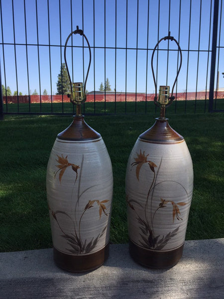 Pair of 1960s Tall Hand-Thrown Studio Pottery Table Lamps , floral motif