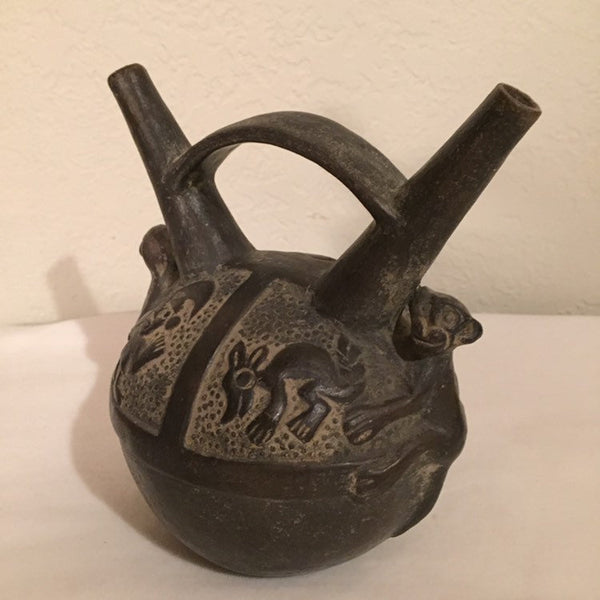 Antique Pre-Columbian Chimu Inca Empire Blackware Pottery Vessel c. 1100 - 1532 A.D. Stirrup Vessel Peru South America