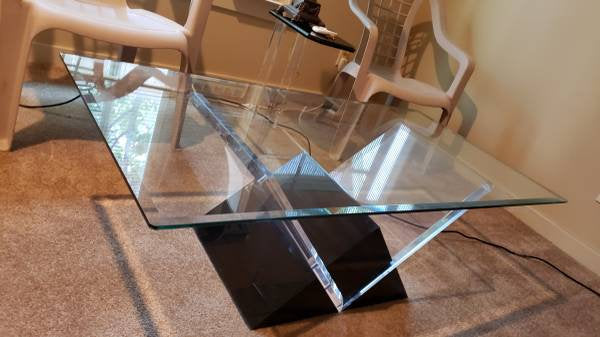 Shlomi Haziza Black and Clear Triangle Coffee Table Acrylic, Lucite & Glass Mid Century Post Modern 1980's Cocktail Table