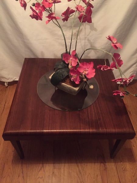 Mid Century Modern Waterfall Edge Walnut Veneer Coffee Table with Glass Center and lower magazine shelf