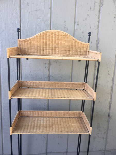 Vintage Iron and Rattan Folding Shelf Unit, Bathroom Storage, Metal Plant Stand, Tiered Standing Shelf, Store Display