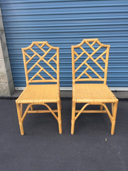 Vintage Pair of Chinese Chippendale Style Rattan Chairs with loose seat cushions