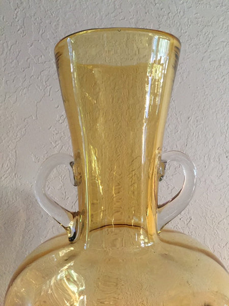 Vintage Blenko Tall Amber Optic Art Glass Vase with clear handles