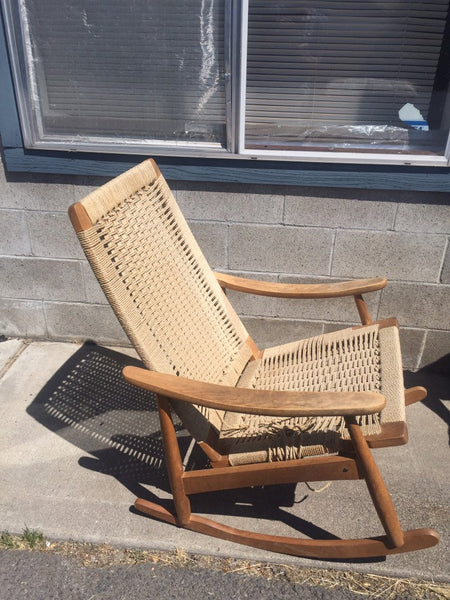 Vintage Danish Modern Teak chair with woven rope seat Mid Century Wegner Eames - Needs work