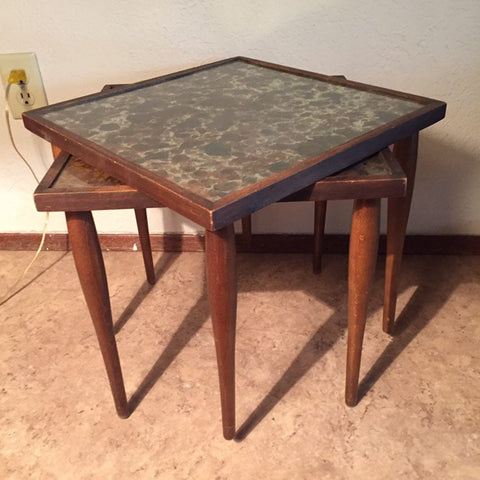 Pair of Mid Century Modern Small Stacking Side Tables with glass tops