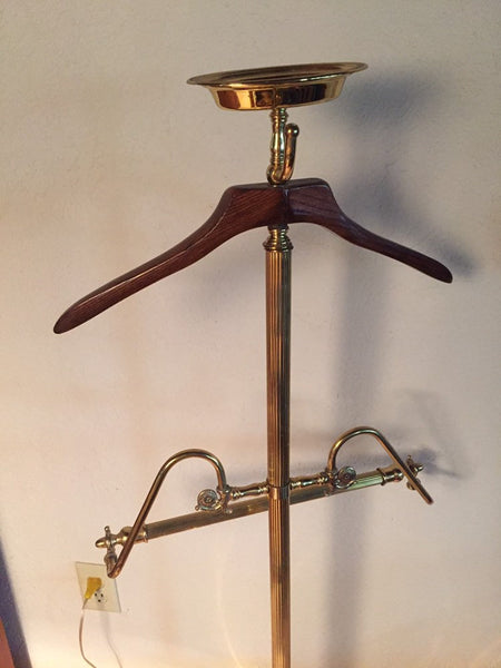 Vintage Brass Butler Valet with wood coat hanger, tie/ belt hook, pant hanger and change caddy catchall