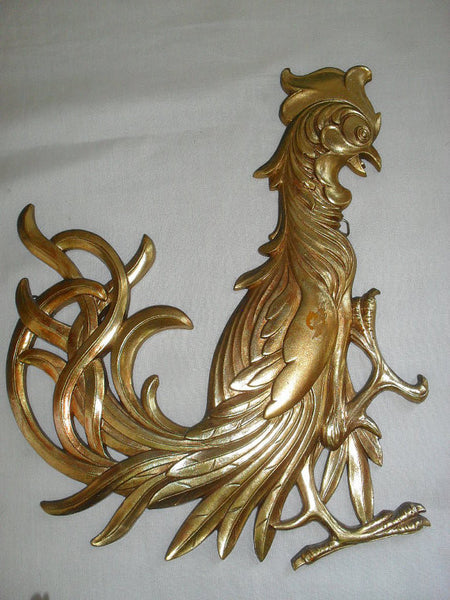 Vintage Syroco Hollywood Regency Gold Fighting Rooster or CRAZY CHICKEN rooster art wall hanging