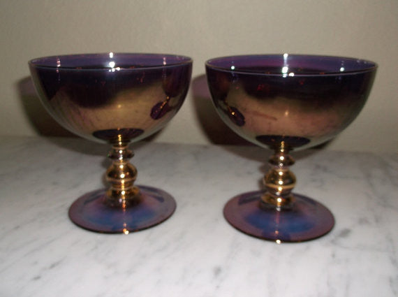 Vintage Hand Blown Amethyst Iridescent Glass compote dishes S/2