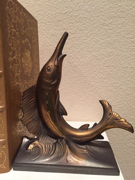 Vintage Swordfish/ Marlin Bookends Heavy Brass or Bronze Art Deco Period bookends/statues