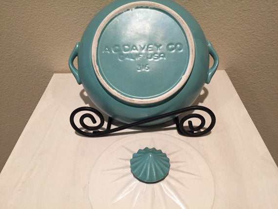 Vintage Pottery A. C. Davey of California #316 casserole dish with lid, turquoise and white