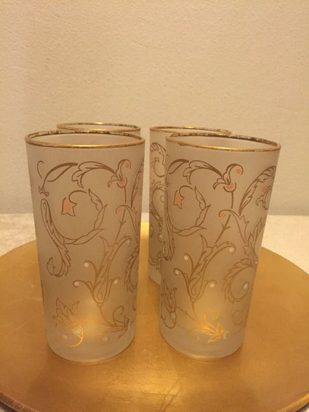 Vintage Libbey Frosted Highball Barware Drinking Glasses with Gold swirl motif and gold rims