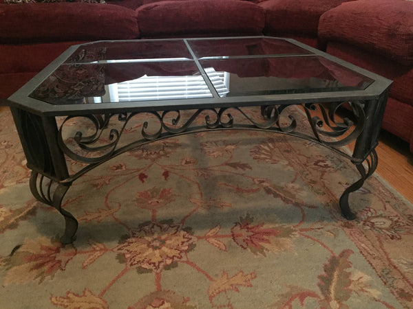 Vintage Bronzed Wrought Iron and Smoked Glass Ornate Cocktail Table