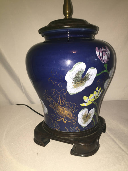 Vintage Hollywood Regency Wildwood Hand Painted Ginger Jar Lamp with waterlilies and Goldfish asian motif