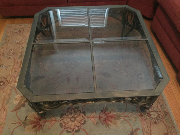 Vintage Bronzed Wrought Iron and Smoked Glass Ornate Cocktail Table