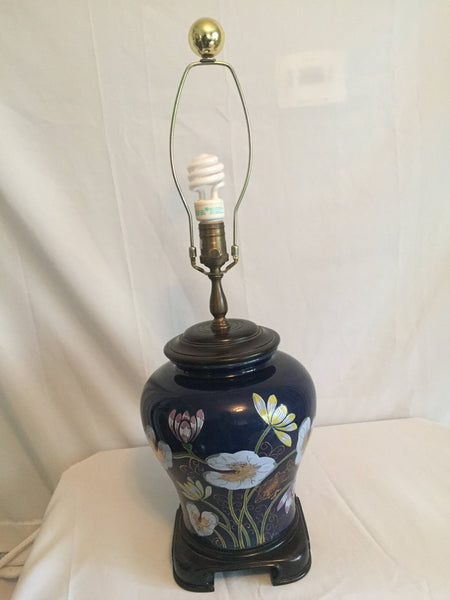 Vintage Hollywood Regency Wildwood Hand Painted Ginger Jar Lamp with waterlilies and Goldfish asian motif