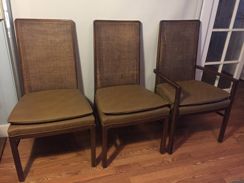 Mid Century Hollywood Regency Oak and Cane Upholstered Dining Chairs in the style of Milo Baughman for Dillingham - set of 6