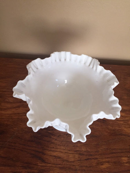 Vintage Fenton Milk Glass Footed Hobnail Ruffled Crimped Trinket Candy Dish compote Bowl Hobnail wedding gift