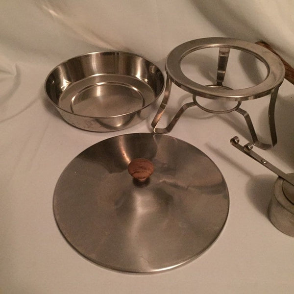 Vintage Mid Century Modern Danish Style Stainless Steel Fondue Pot or Chafing Dish - 5 pc set