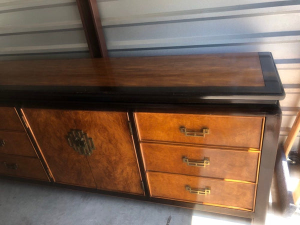Vintage Century Furniture Chin Hua Burled Maple Long Dresser with 2 Black Lacquer Mirrors- Chinoiserie