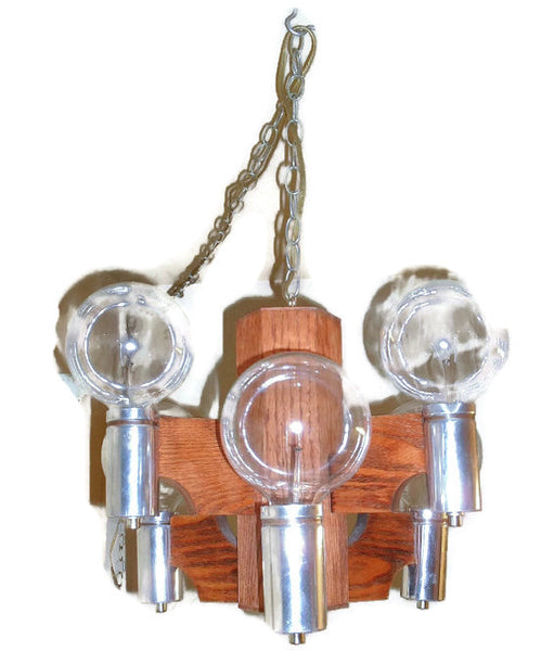 Pair of Fantastic mid century modern chrome and oak hanging swag orb pendant chandelier